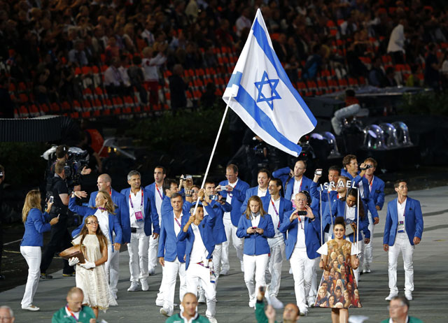 Flag bearer Shahar Tzuberi leads the Israeli delegation at the opening ceremony of the London 2012 Olympic Games