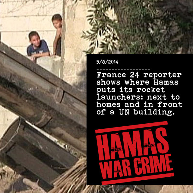 France 24 reporter shows where Hamas puts its rocket launchers: next to omes and in front of a UN building