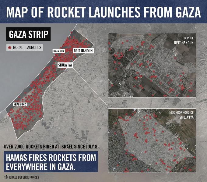 Map of rocket launches from Gaza