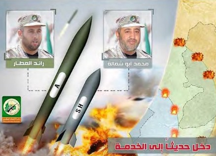 Two new kinds of rockets exhibited in a military display by Hamas in Gaza to mark the first anniversary of Operation Protective Edge named for Hamas terrorists Ra'ed Atar and Muhammad Abu Shamala killed in Operation (Al-Aqsa TV, July 8, 2015)