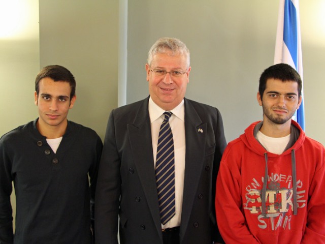 Israel Ambassador Isaac Bachman with the two young Israeli contestants