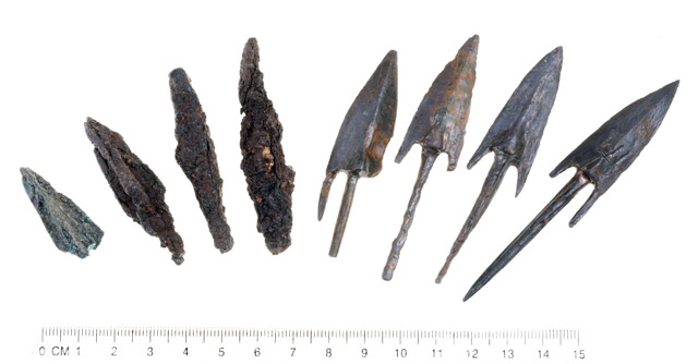 Lead sling stones and Bronze arrowheads stamped with the symbol of the reign of Antiochus Epiphanes