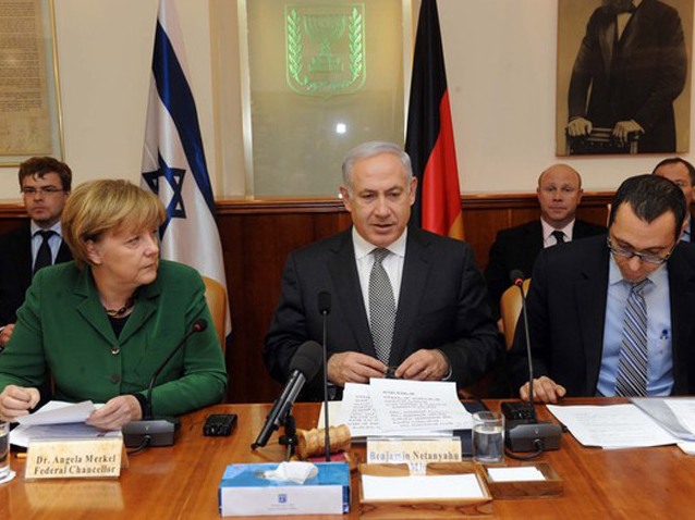 PM Netanyahu and German Chancellor Angela Merkel at a joint cabinet meeting in Jerusalem, January 31, 2011