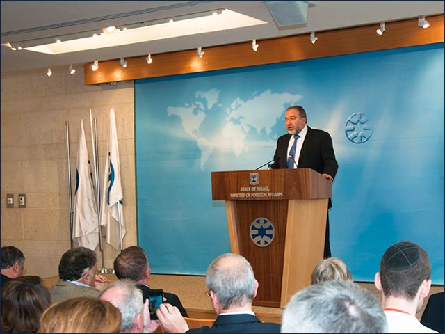 FM Liberman addressing foreign ambassadors at the MFA in Jerusalem