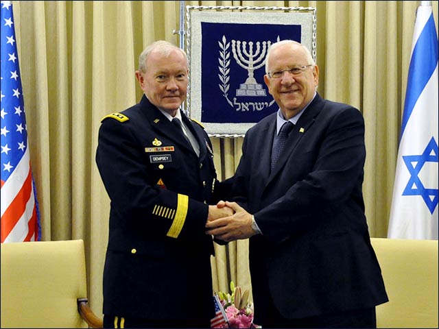 President Rivlin welcoming the Chairman of the US Joint Chiefs of Staff Gen. Martin Dempsey to the President's Residence in Jerusalem