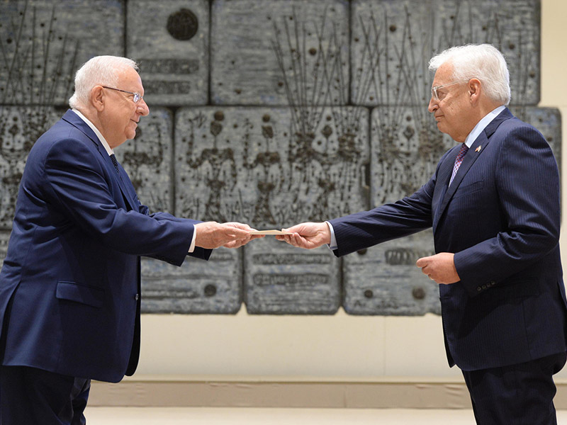 President Rivlin receiving the diplomatic credentials of US Ambassador David Friedman