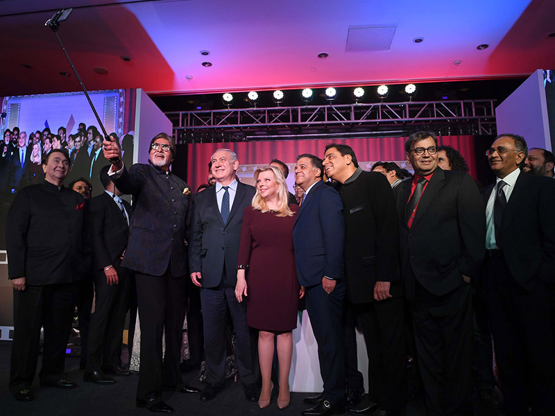 Bollywood stars posing for a selfie with PM Netanyahu and his wife Sara.