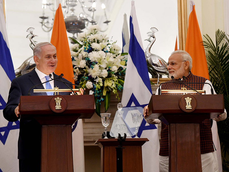 PM Netanyahu with Indian Prime Minister Narendra Modi at Hyderabad House in Delhi