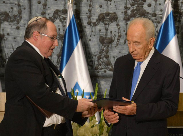 President Peres receives election results from Central Elections Committee Chairman Justice Rubinstein