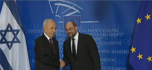 President Peres is welcomed by President of the European Parliament Martin Shultz 