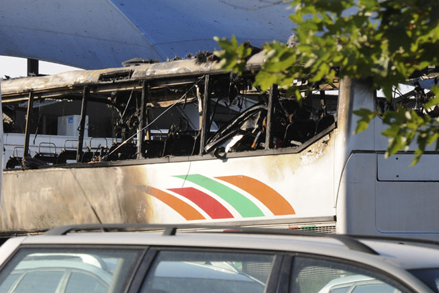 Burnt bus following terror blast at Burgas airport, Bulgaria