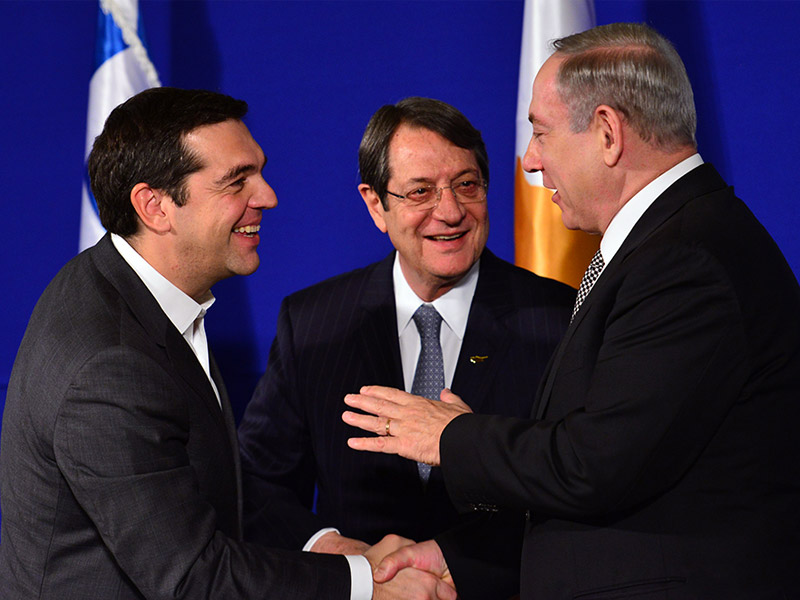 PM Netanyahu, Cypriot President Anastasiades and Greek PM Tsipras at the summit meeting in Jerusalem.