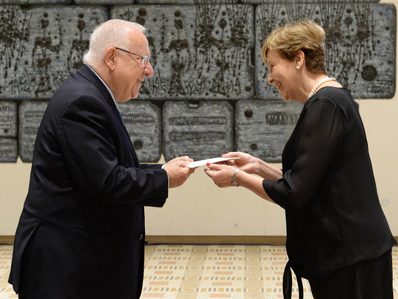 President Rivlin receiving the credentials of the new Ambassador of Chile, H.E Mrs. Monica Jimenez De La Jara