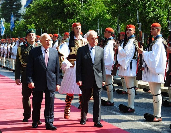 Israeli President Shimon Peres visiting Greece in the Photo with Greece Presidentm Mr Karolos Papoulias  Athens 06/08/2012Photo moshe Milner Gpo