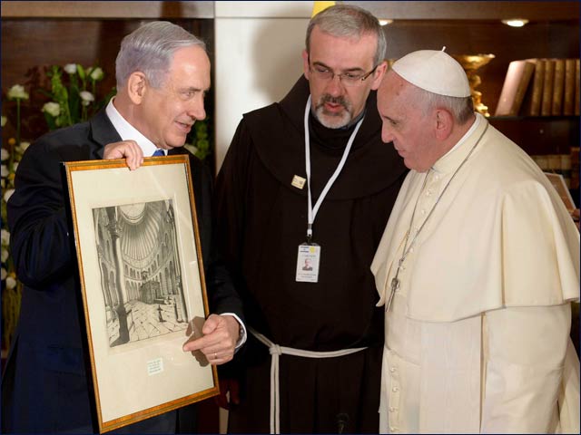 Prime Minister Benjamin presenting Pope Francis with a 1698 drawing of the Church of the Holy Sepulcher by Cornelis de Bruijn at Notre Dame of Jerusalem Center