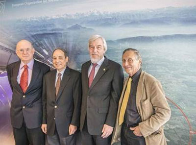 Eliezer Rabinovici, Israeli Academy of Science; Eviatar Manor, Israel Ambassador to the UN in Geneva; CERN Director-General Rolf Heuer; and Giora Mikenberg, Weizmann Institute