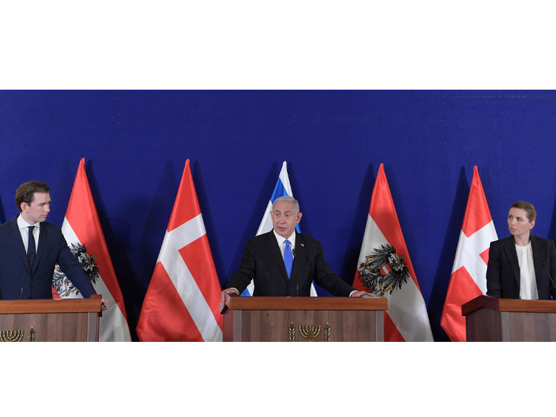 PM Netanyahu with Austrian Chancellor Kurz and Danish PM Frederiksen at the summit meeting in Jerusalem