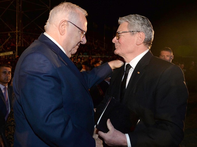 President Rivlin with former German President Gauck at the Ghetto Fighters Museum