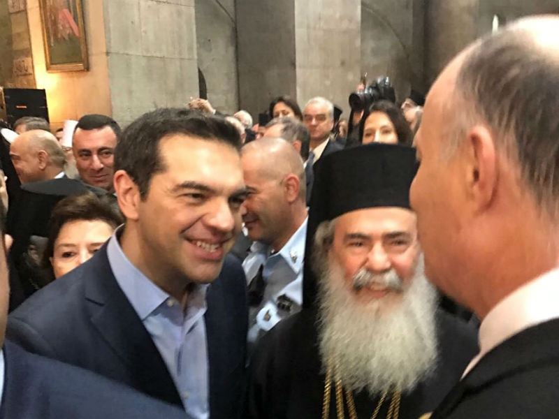 Israeli Minister for Regional Cooperation, Tzahi Hanegbi, Greek PM, Alexis Tsipras, and the Greek Orthodox Patriarch of Jerusalem Theophilos III