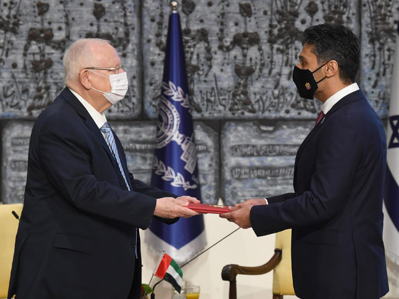 President Rivlin receiving the diplomatic credentials from the first Ambassador of the United Arab Emirates to the State of Israel, Mohamed Mahmoud Fateh Ali Al Khaja.