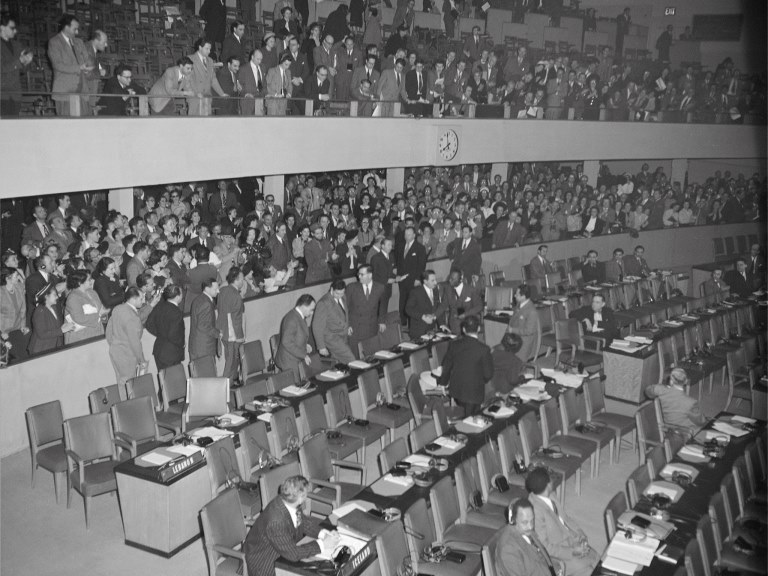 Ambassador Abba Eban and Israel’s Minister of Foreign Affairs Moshe Sharett, take their seats for the first time at the General Assembly hall.