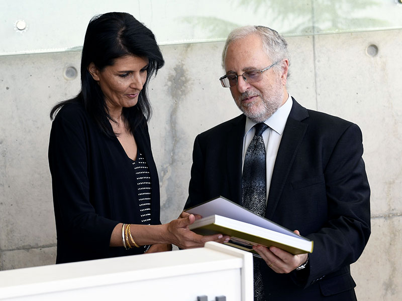 U.S. Ambassador to the UN Nikki Haley with Dr. Robert Rozett, Director of Yad Vashem Libraries.